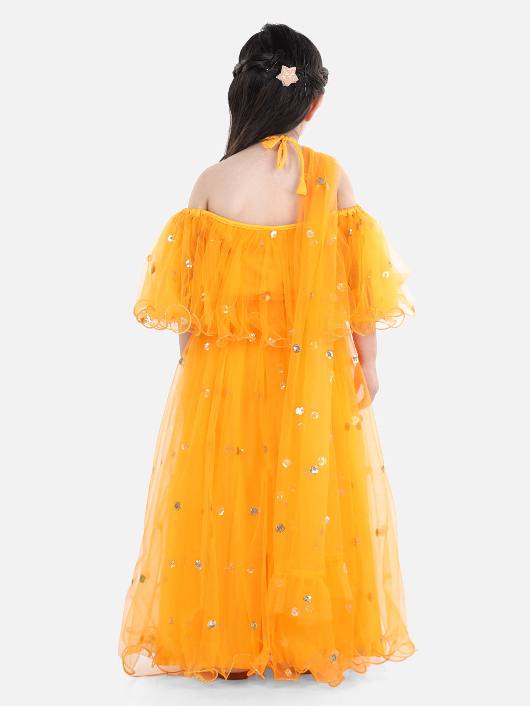 BownBee Sequin Net Lehenga with Ruffle Choli with Dupatta- Yellow