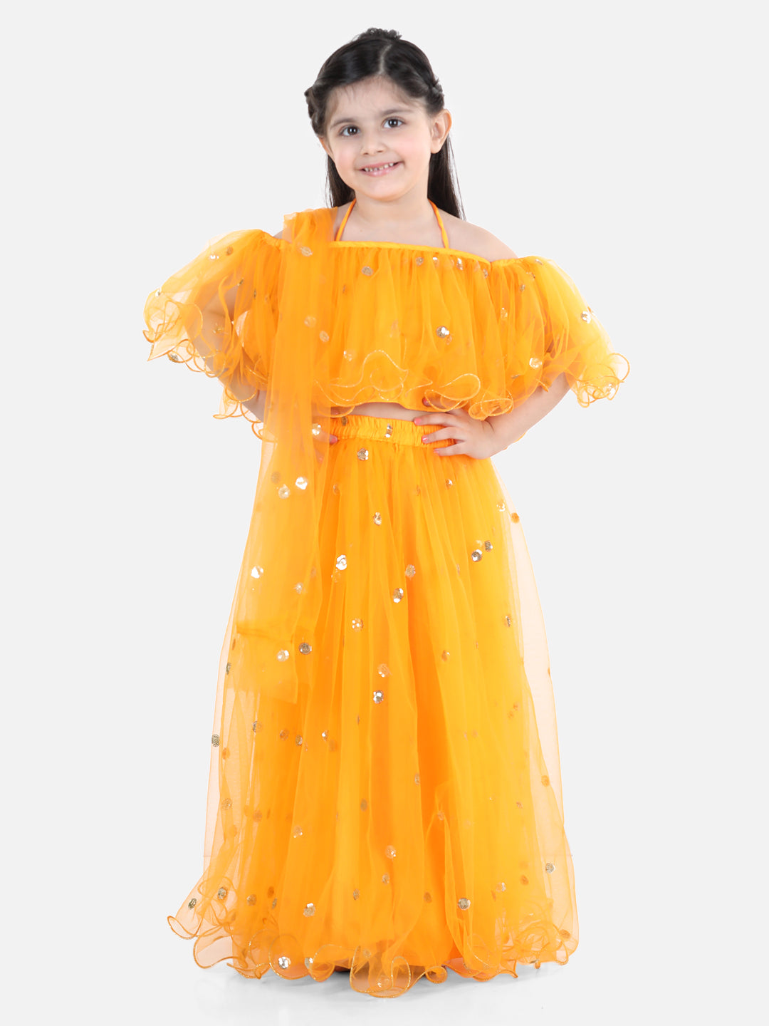 BownBee Sequin Net Lehenga with Ruffle Choli with Dupatta- Yellow