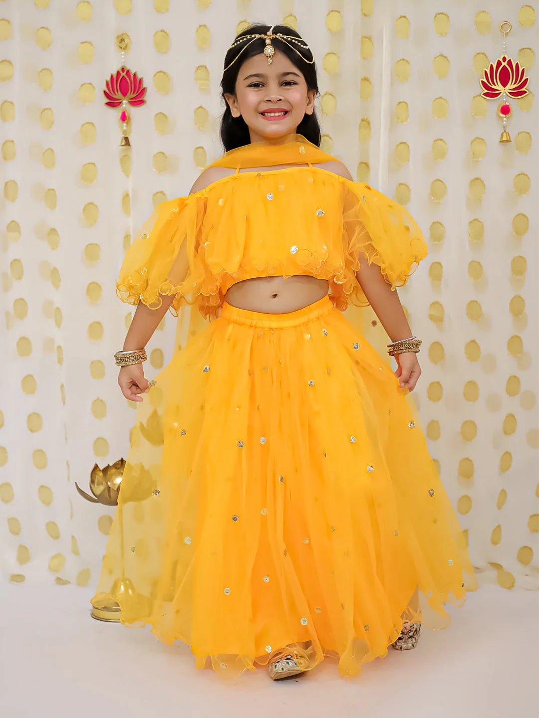 BownBee Sequin Net Lehenga with Ruffle Choli with Dupatta