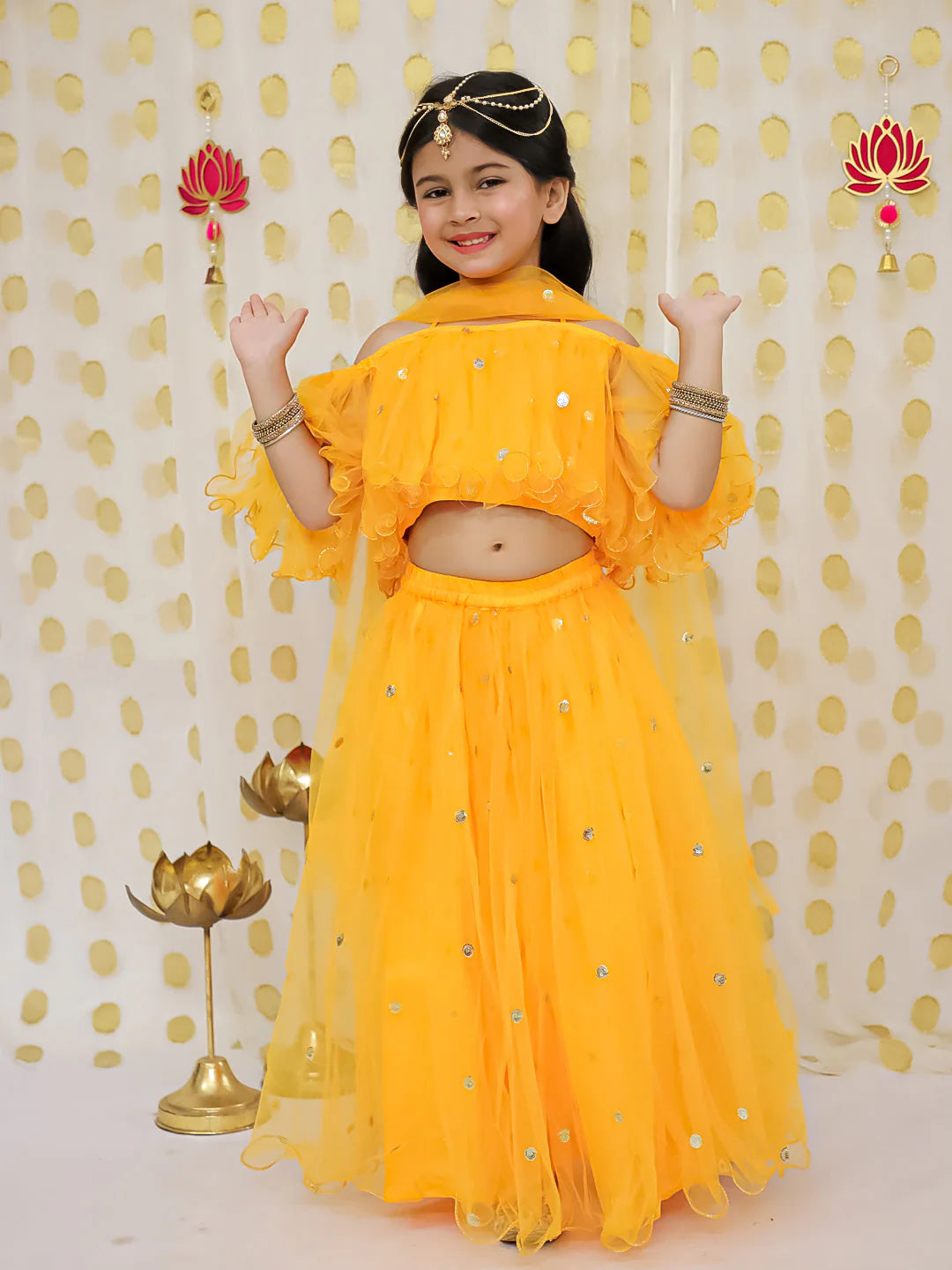 BownBee Sequin Net Lehenga with Ruffle Choli with Dupatta