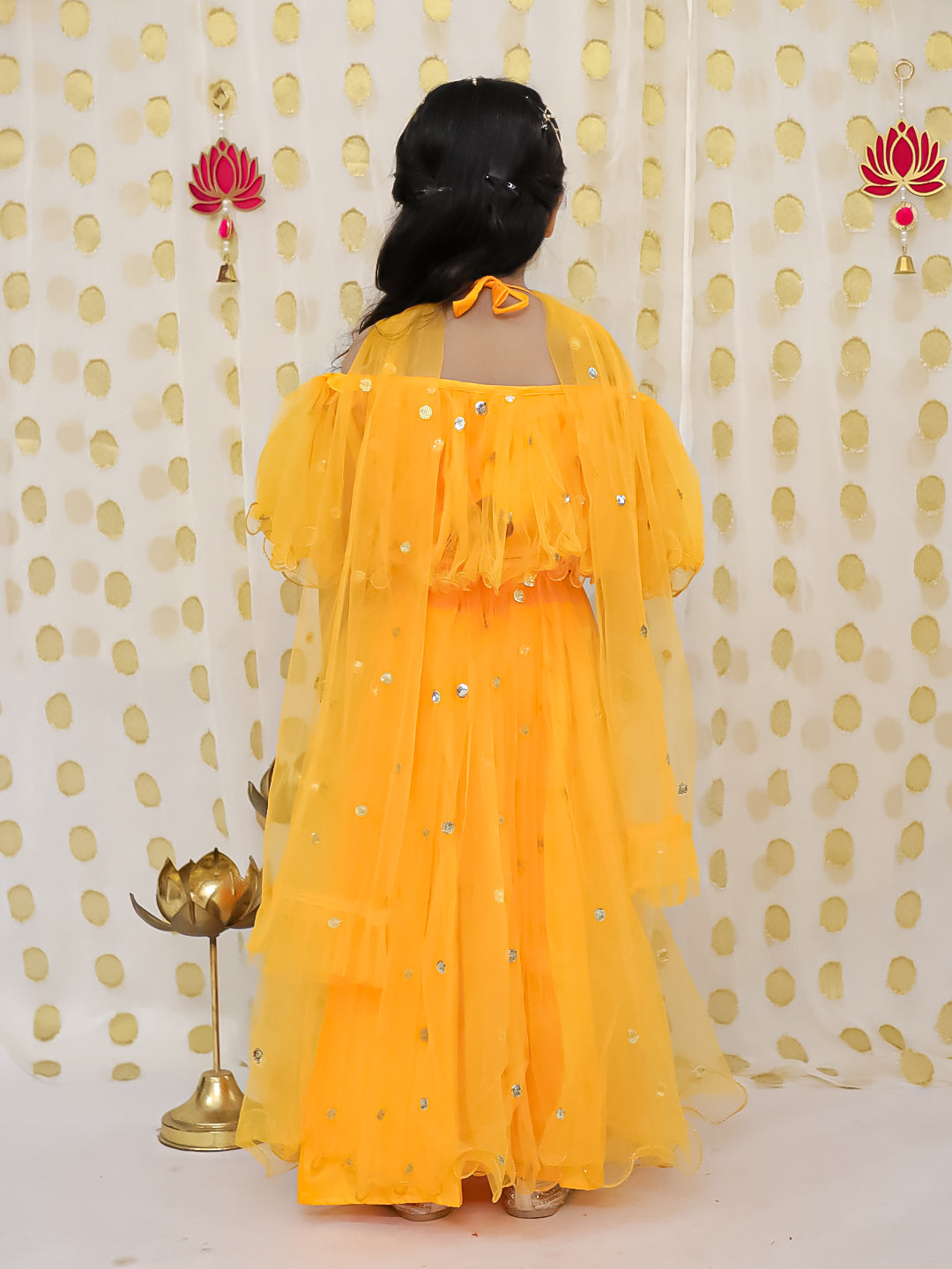 BownBee Sequin Net Lehenga with Ruffle Choli with Dupatta- Yellow