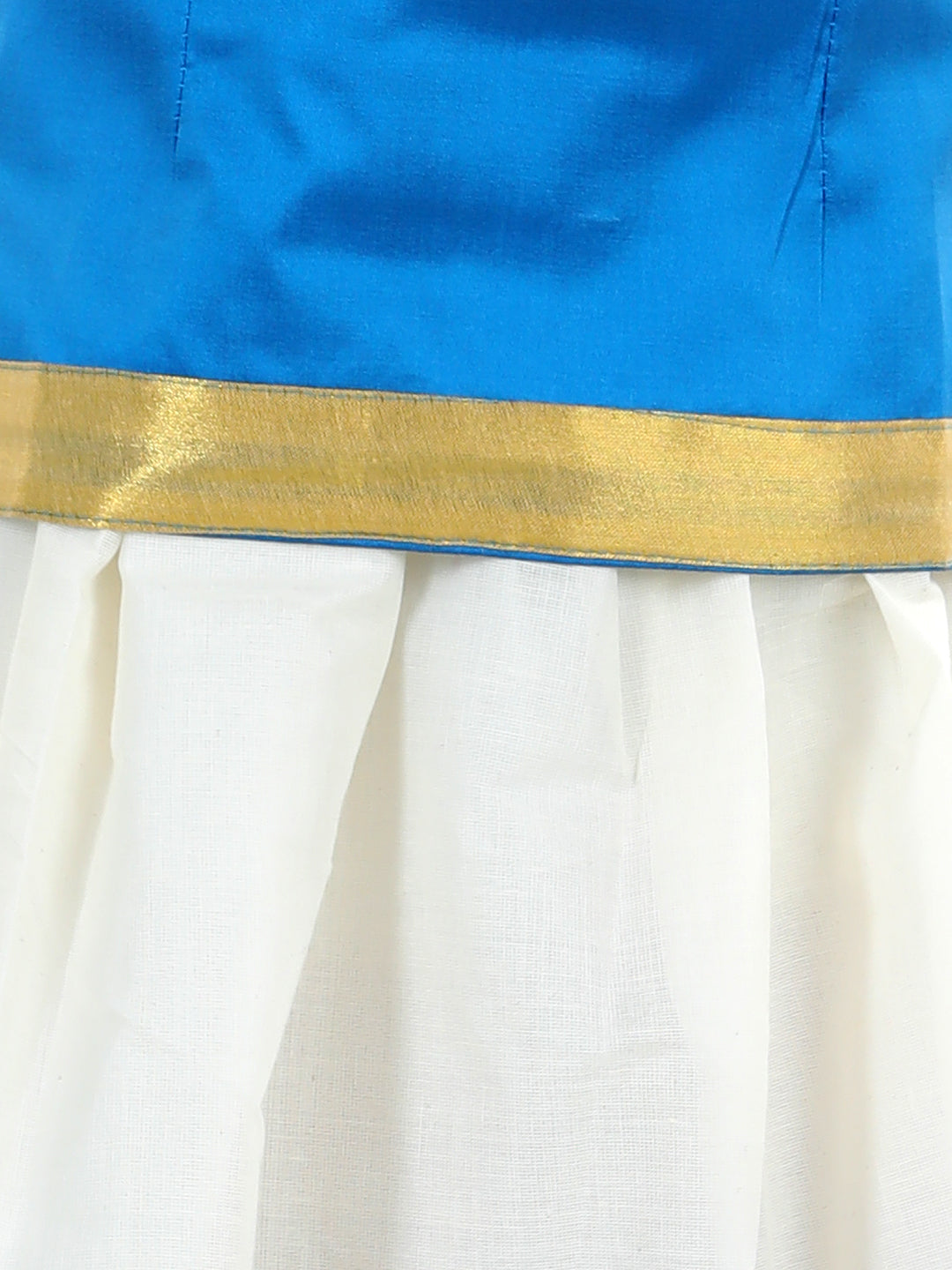 BownBee Half Sleeves Peacock Feather And Flute Print Pattu Pavadai Choli And Lehenga - Blue And White