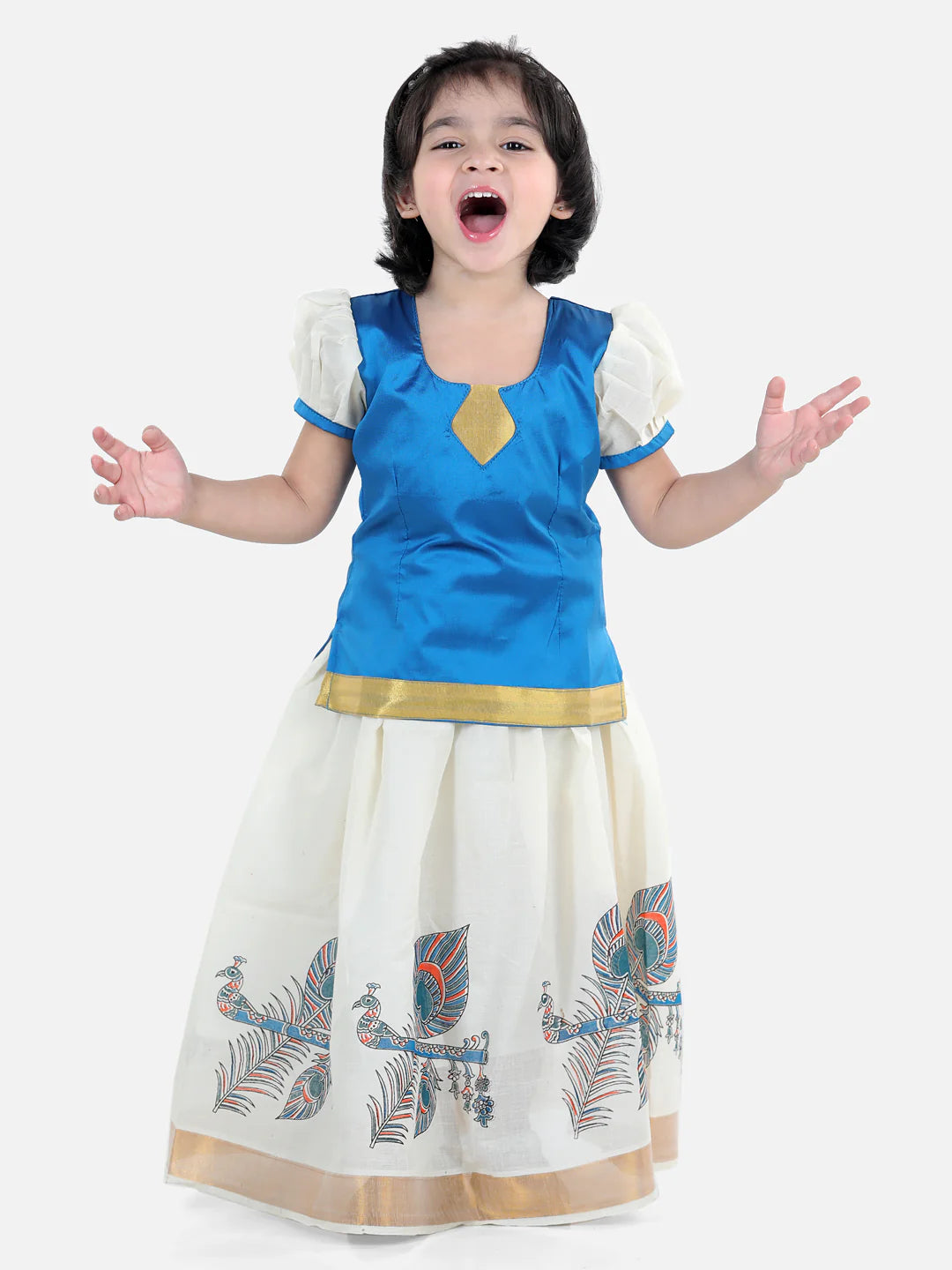 BownBee Half Sleeves Peacock Feather And Flute Print Pattu Pavadai Choli And Lehenga