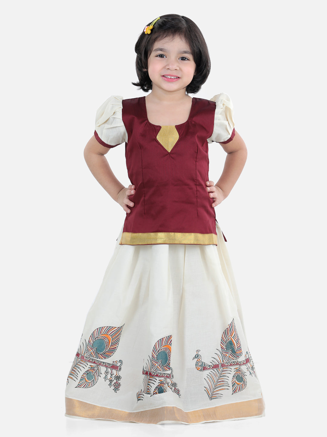 BownBee Half Sleeves Peacock Feather And Flute Print Pattu Pavadai Choli And Lehenga - Maroon And White