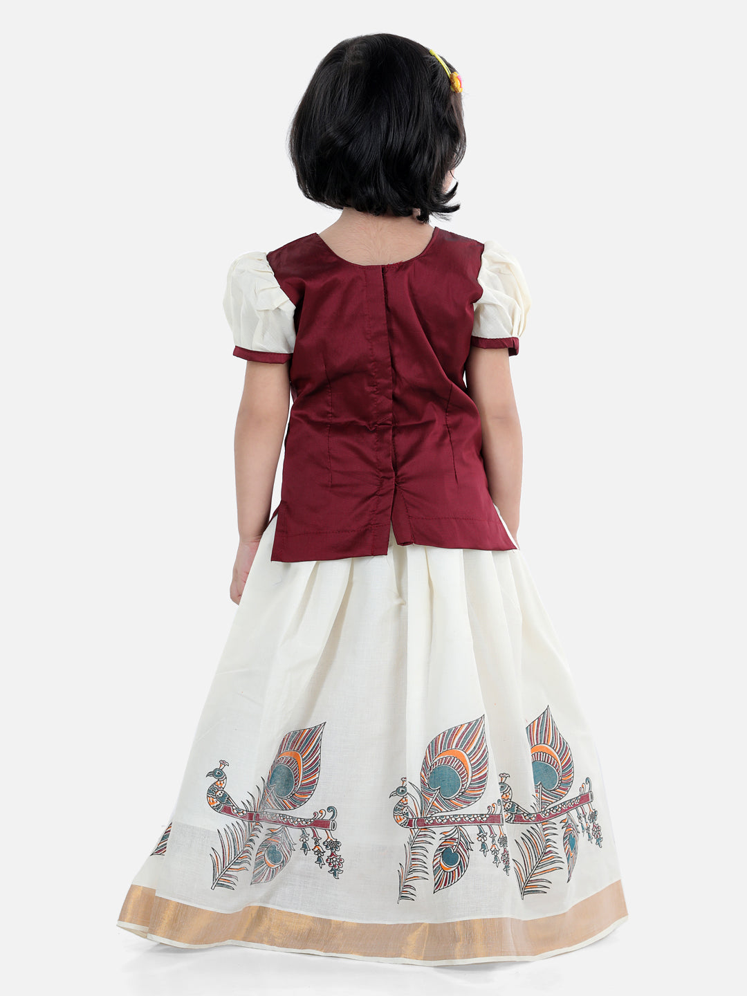 BownBee Half Sleeves Peacock Feather And Flute Print Pattu Pavadai Choli And Lehenga - Maroon And White