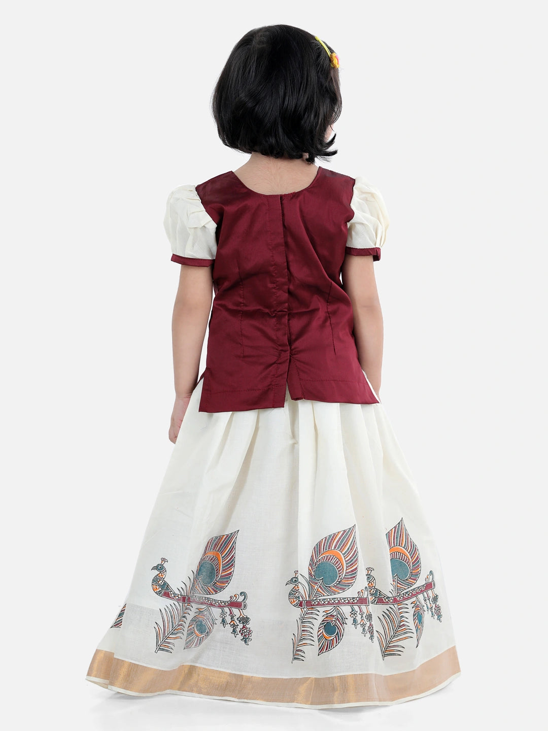 BownBee Half Sleeves Peacock Feather And Flute Print Pattu Pavadai Choli And Lehenga