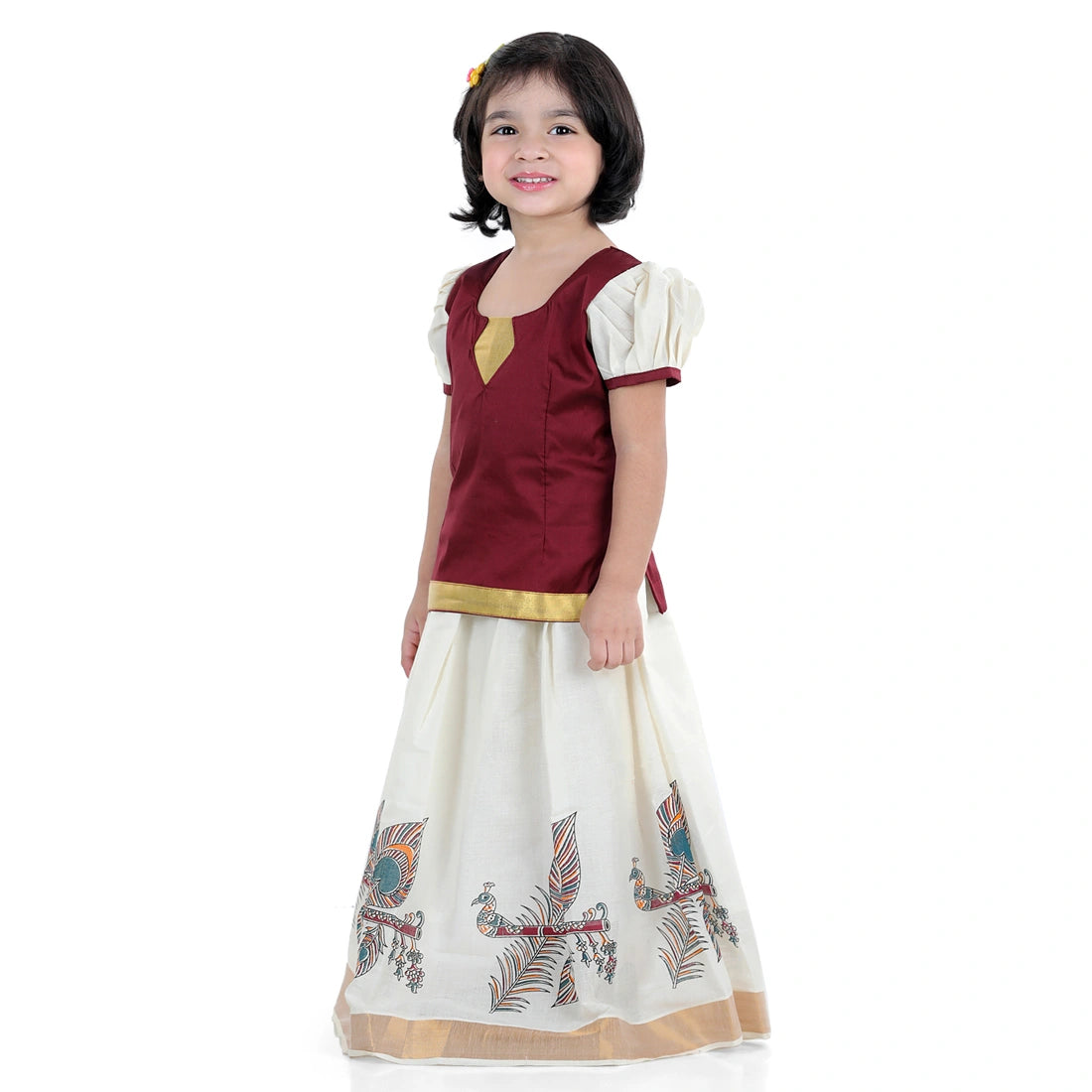 BownBee Half Sleeves Peacock Feather And Flute Print Pattu Pavadai Choli And Lehenga