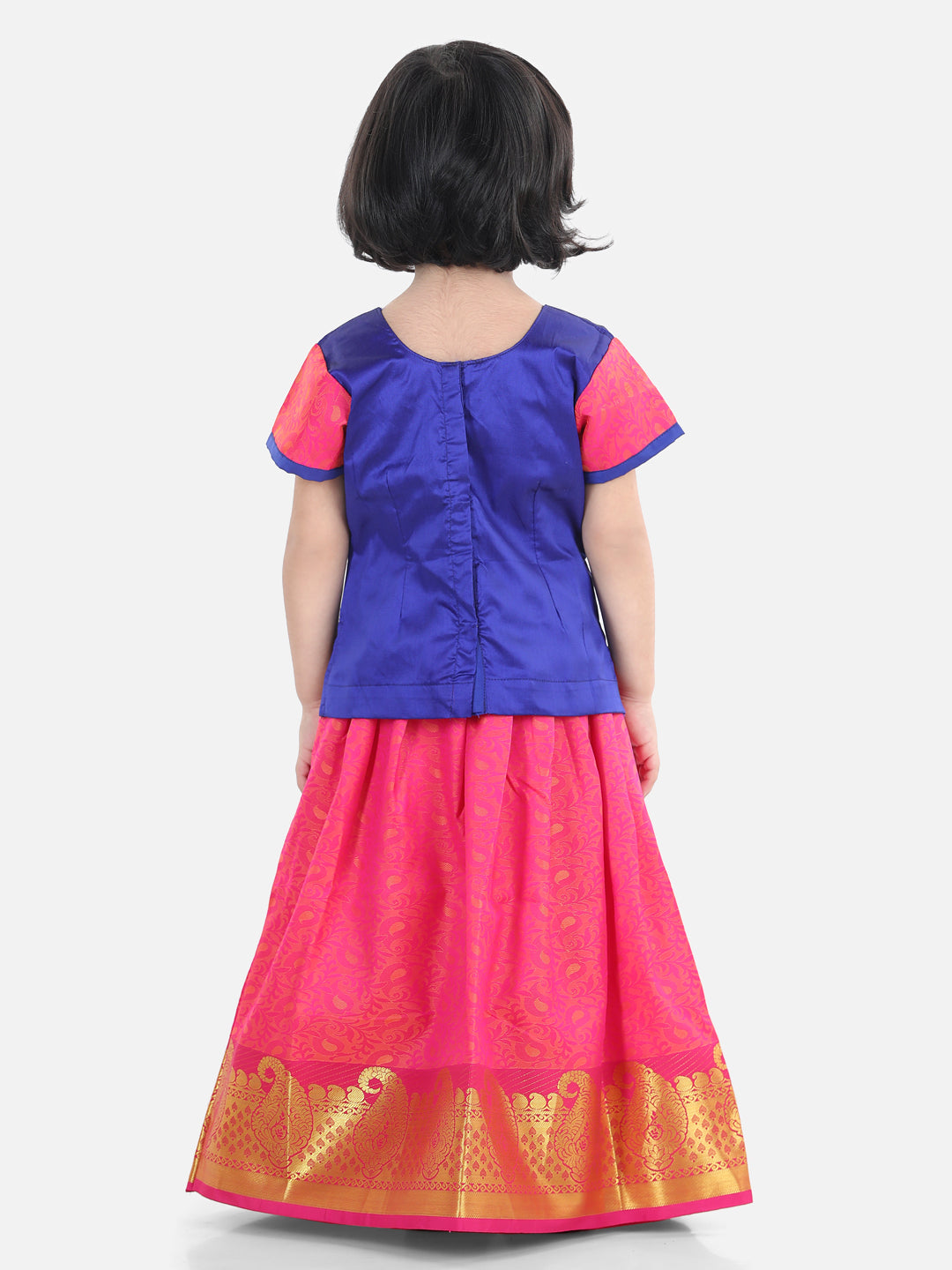 BownBee Half Sleeves Self Design Pattu Pavadai Choli And Lehenga - Blue