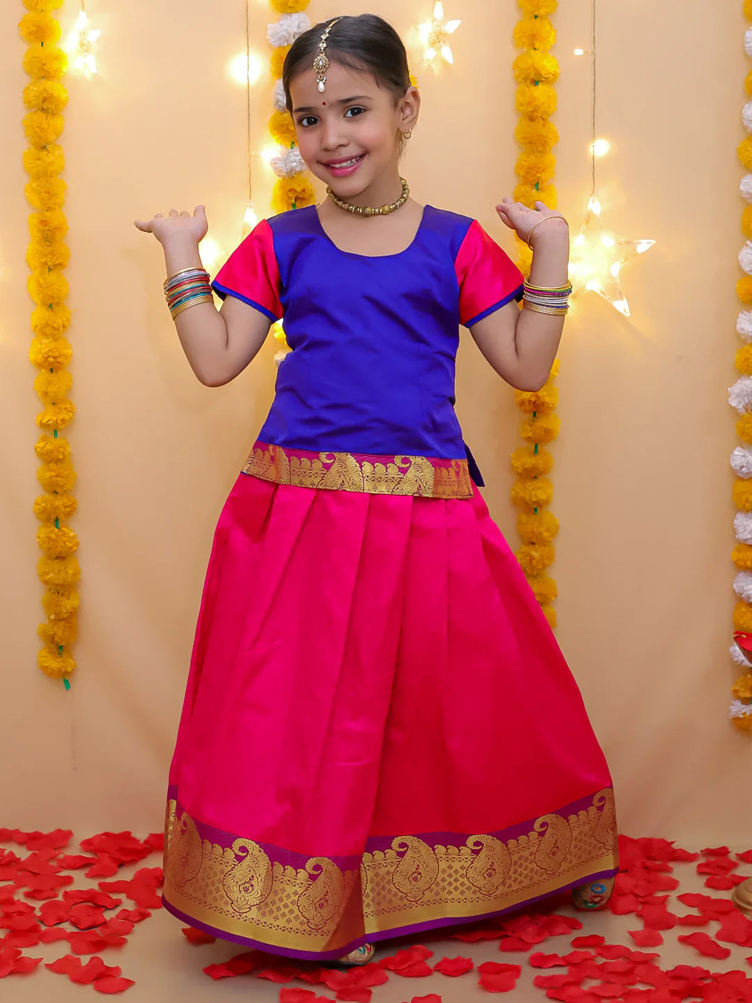 BownBee Half Sleeve South Indian Pavda Pattu Lehenga For Girls