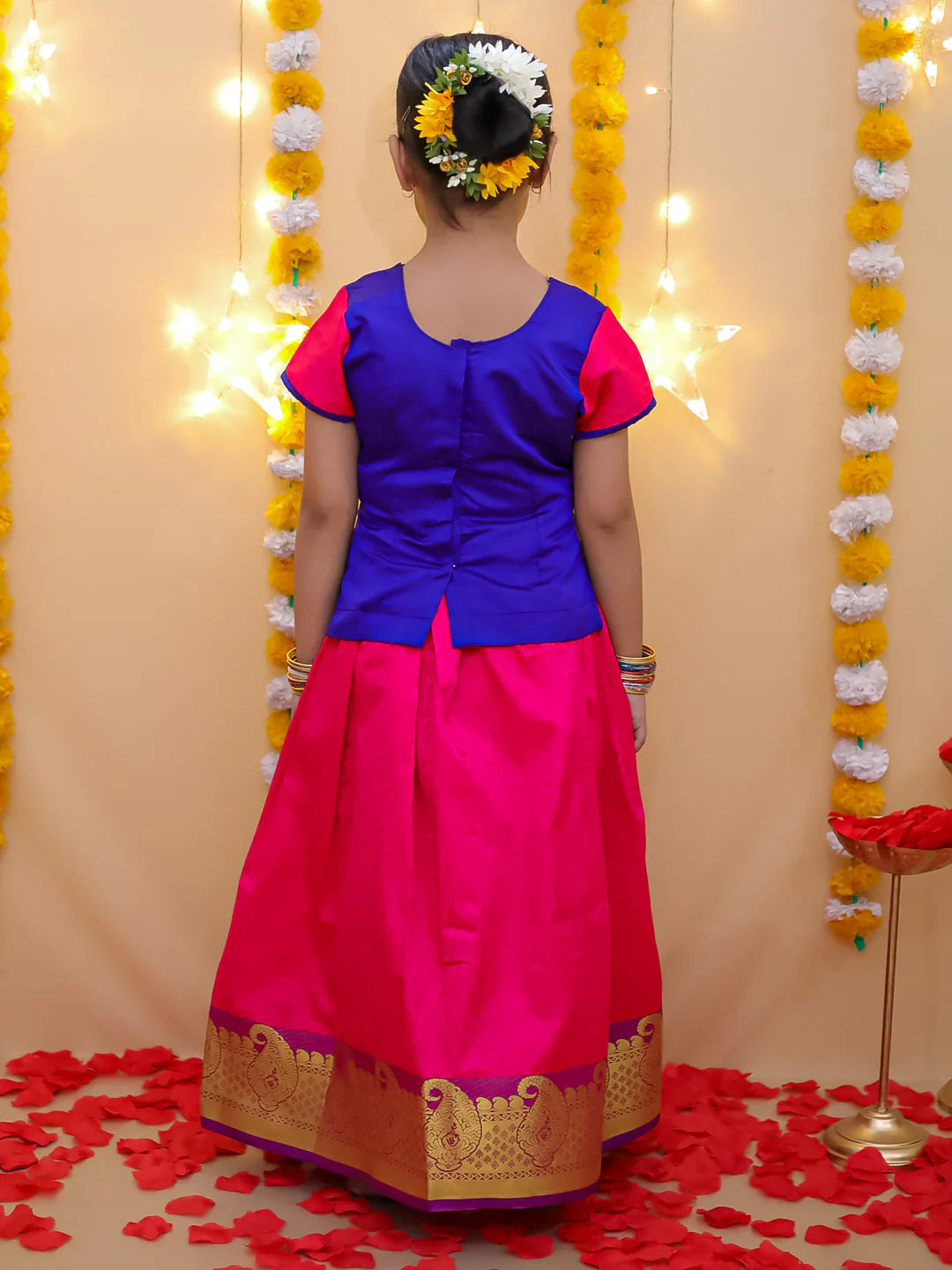 BownBee Half Sleeve South Indian Pavda Pattu Lehenga For Girls