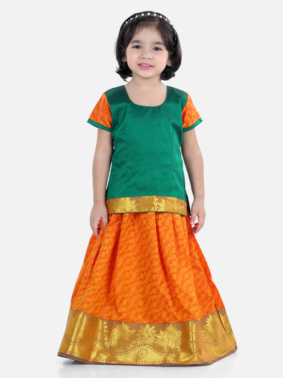 BownBee Half Sleeves Self Design Pattu Pavadai Choli And Lehenga - Green And Orange