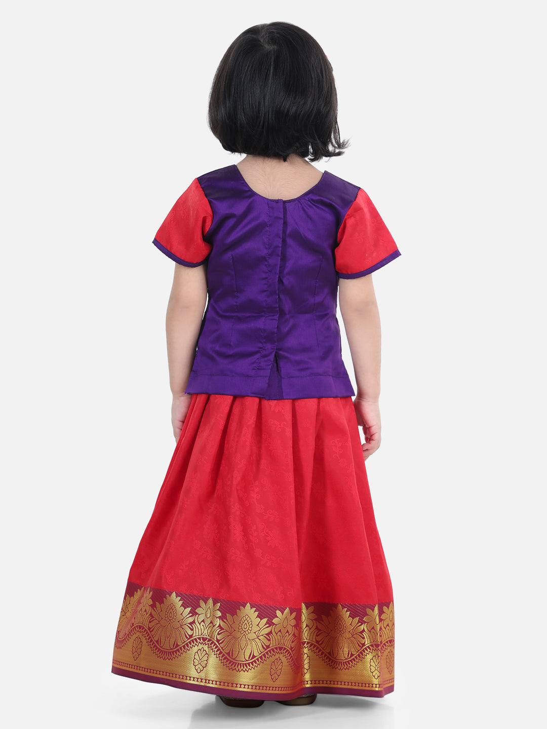 BownBee Half Sleeves Self Design Pattu Pavadai Choli And Lehenga - Purple And Red