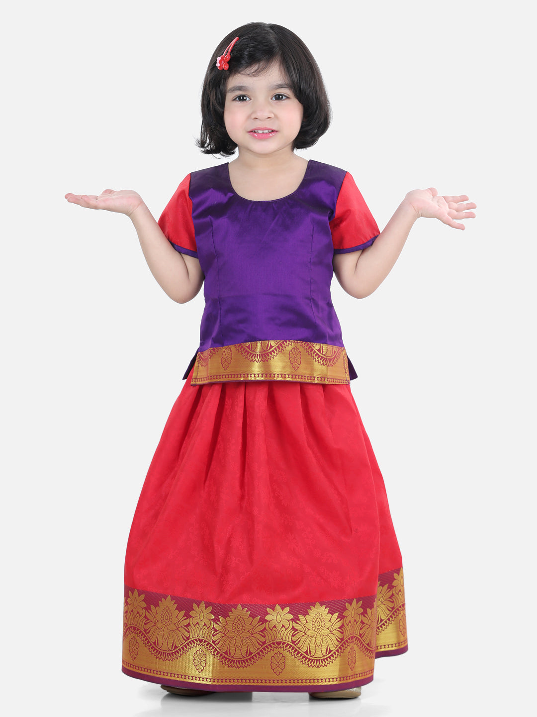 BownBee Half Sleeves Self Design Pattu Pavadai Choli And Lehenga - Purple And Red