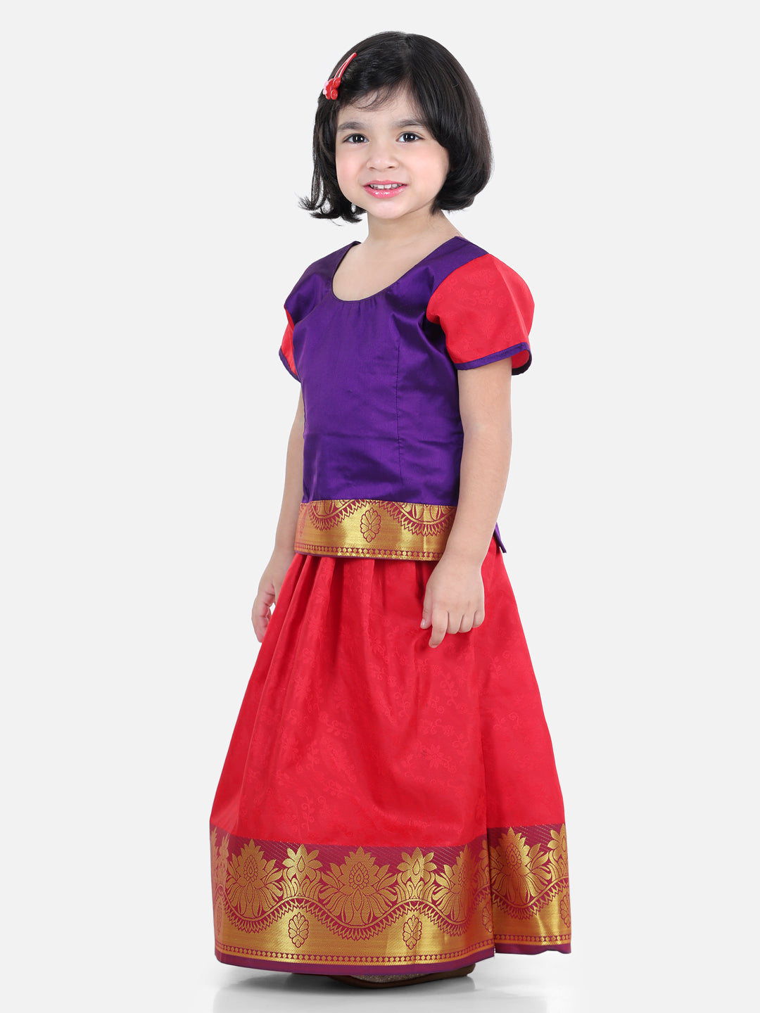 BownBee Half Sleeves Self Design Pattu Pavadai Choli And Lehenga - Purple And Red