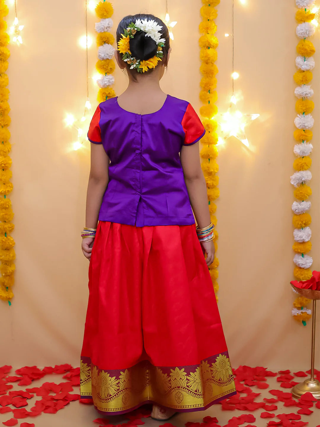 BownBee Half Sleeve South Indian Pavda Pattu Lehenga For Girls