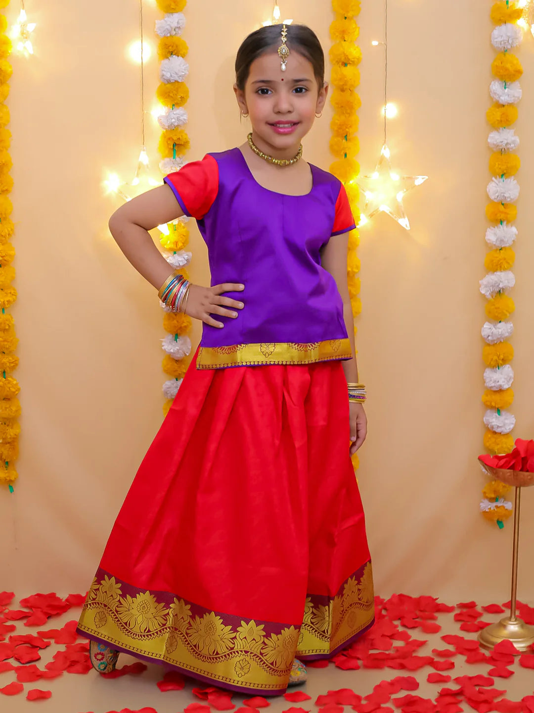 BownBee Half Sleeve South Indian Pavda Pattu Lehenga For Girls