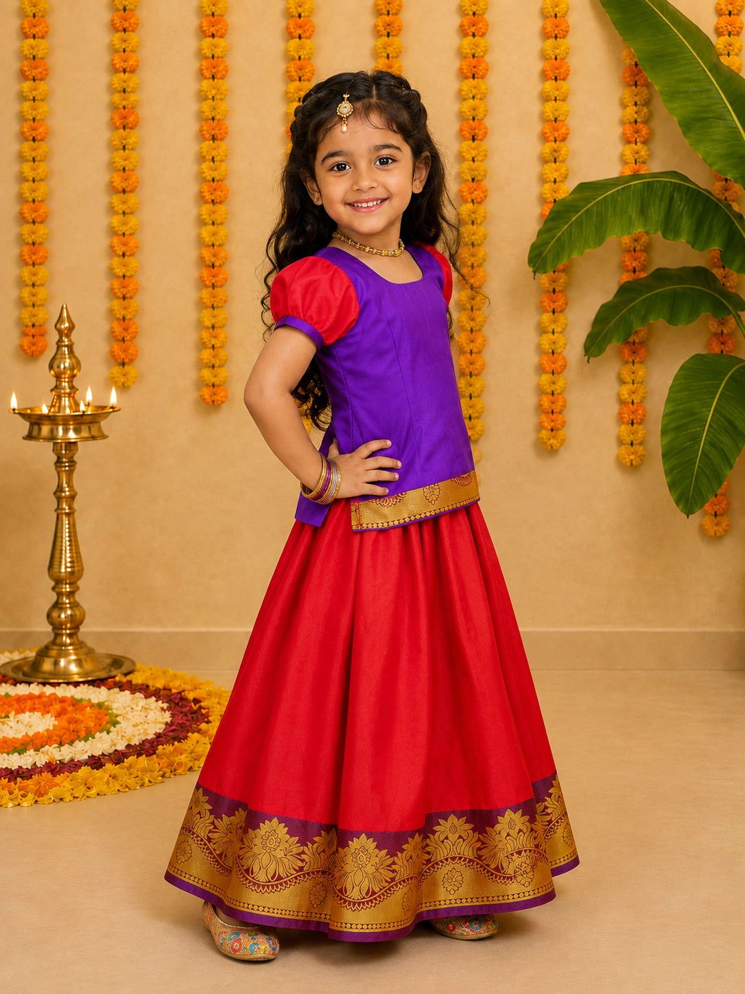 BownBee Half Sleeve South Indian Pavda Pattu Lehenga For Girls