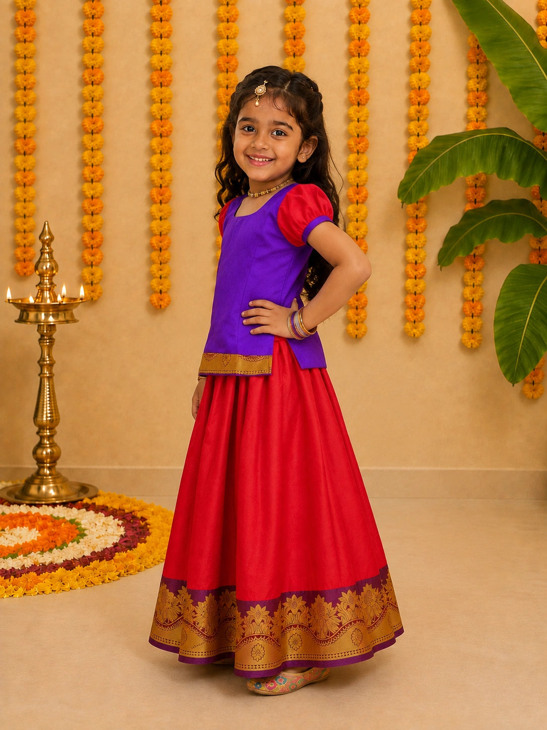 BownBee Half Sleeve South Indian Pavda Pattu Lehenga For Girls