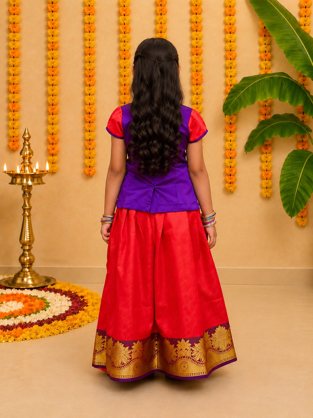 BownBee Half Sleeve South Indian Pavda Pattu Lehenga For Girls