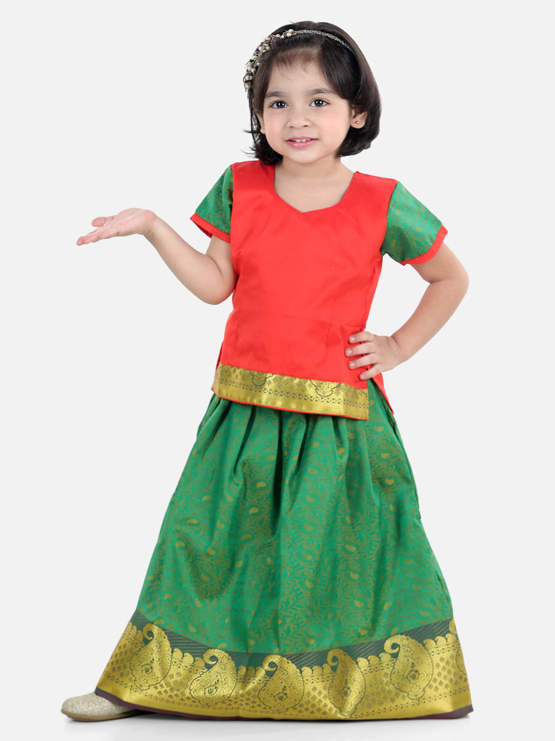 BownBee Half Sleeves Self Design Pattu Pavadai Choli And Lehenga - Red And Green