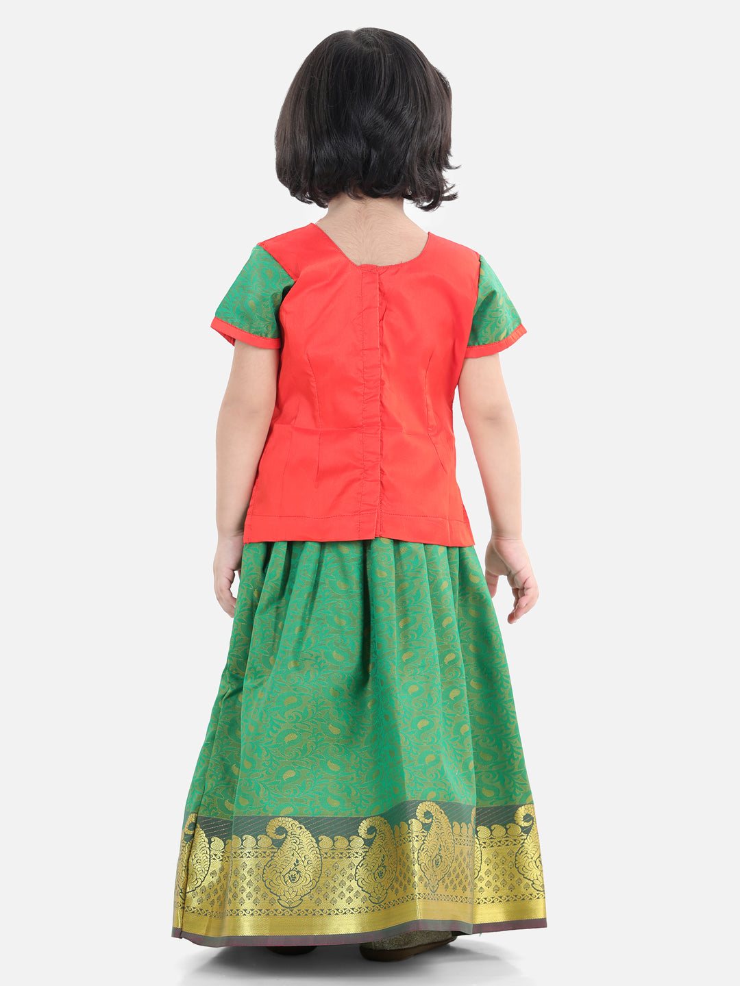 BownBee Half Sleeves Self Design Pattu Pavadai Choli And Lehenga - Red And Green