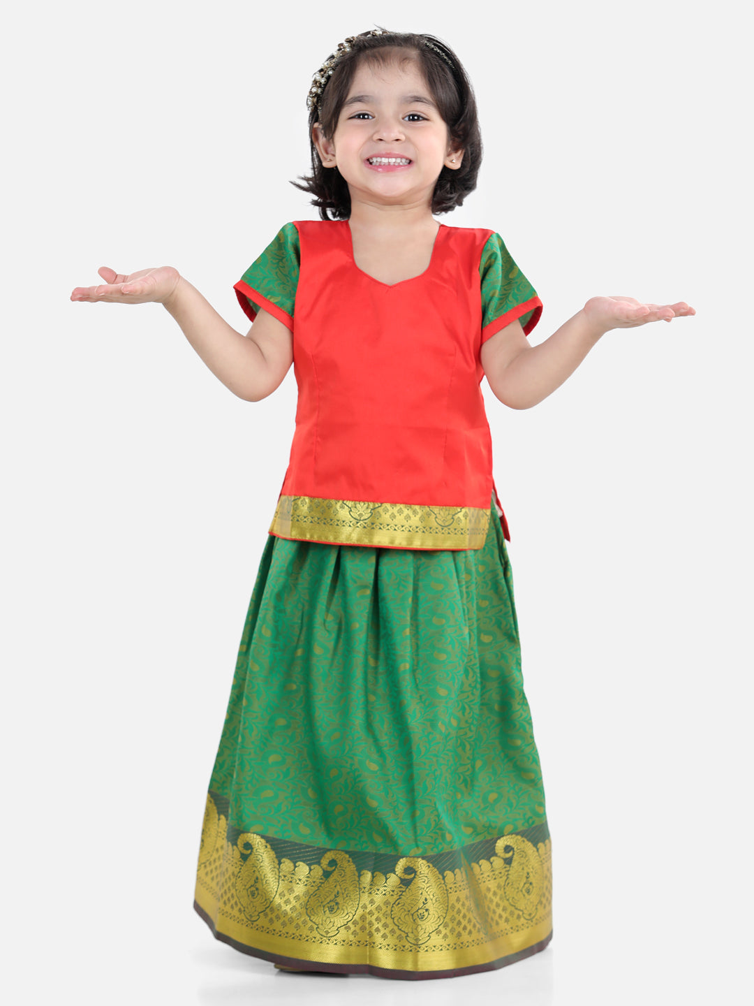 BownBee Half Sleeves Self Design Pattu Pavadai Choli And Lehenga - Red And Green