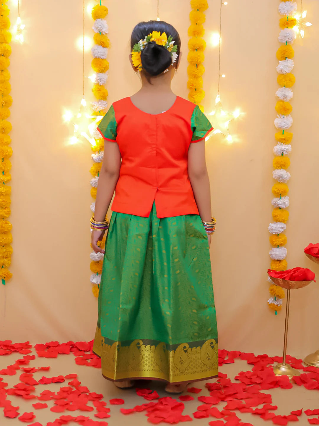 BownBee Half Sleeve South Indian Pavda Pattu Lehenga For Girls