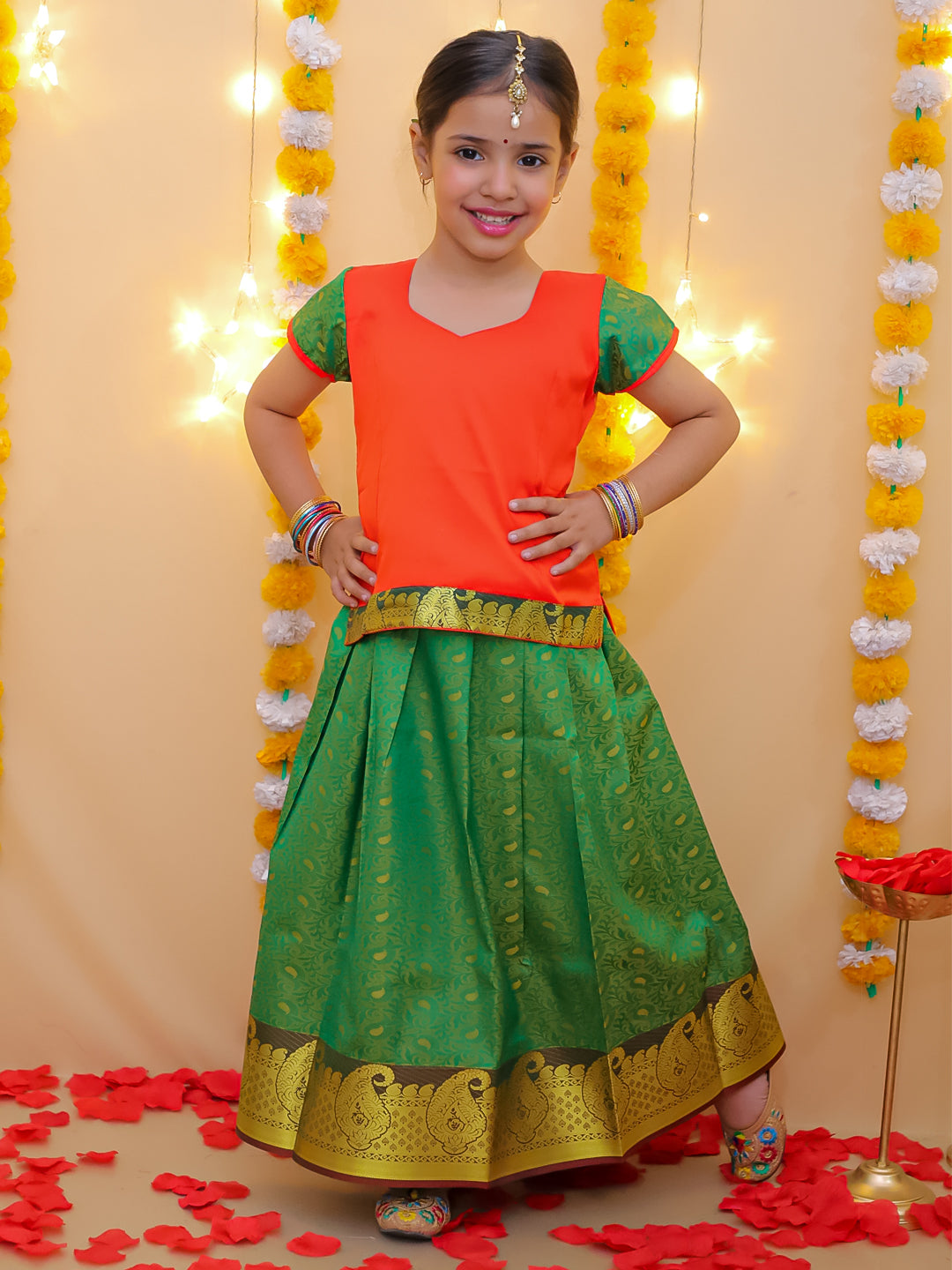 BownBee Half Sleeve South Indian Pavda Pattu Lehenga For Girls - Blue