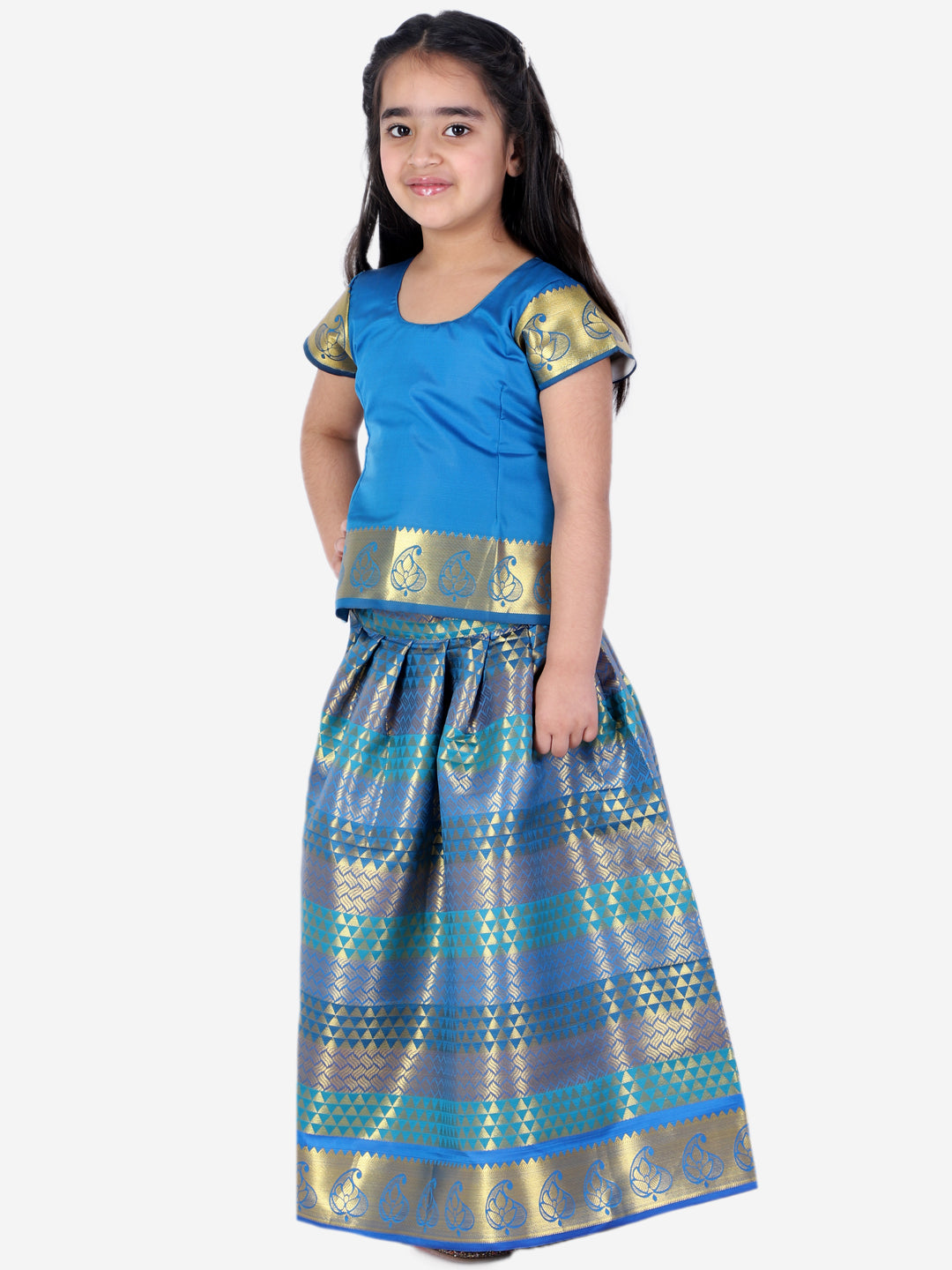 BownBee South Indian Ethnic Pavda Pattu Lehenga With Short Sleeves Choli - Blue