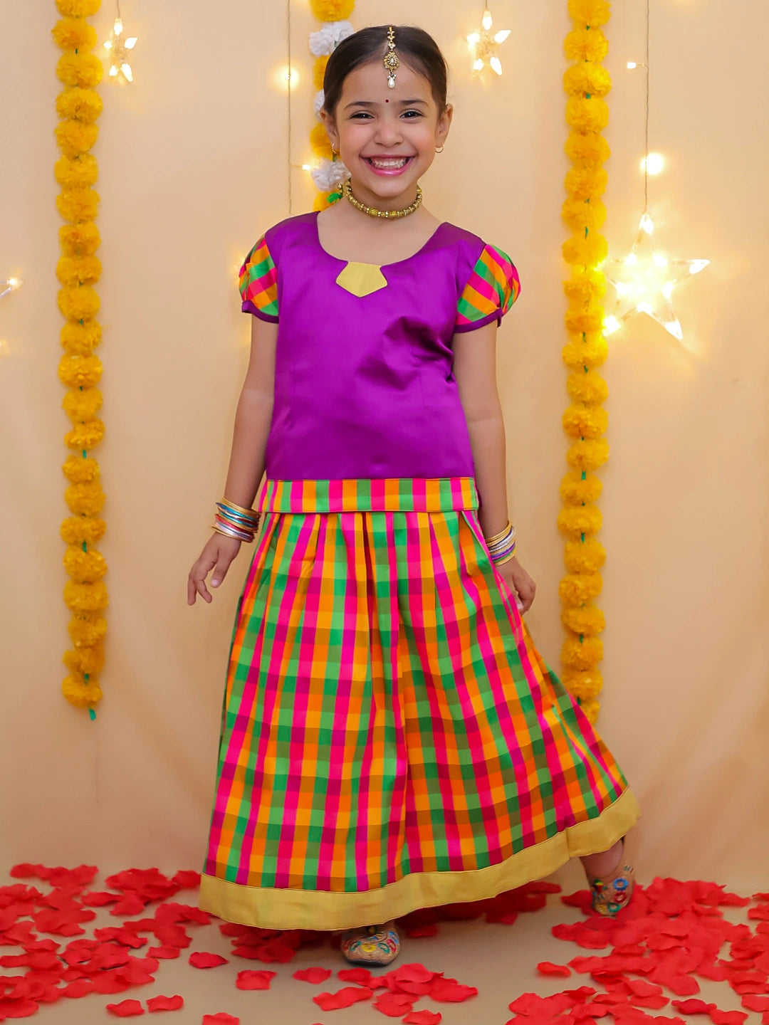 BownBee Half Sleeve South Indian Pavda Pattu Lehenga For Girls