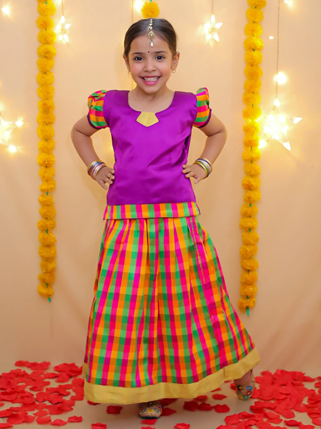 BownBee Half Sleeve South Indian Pavda Pattu Lehenga For Girls