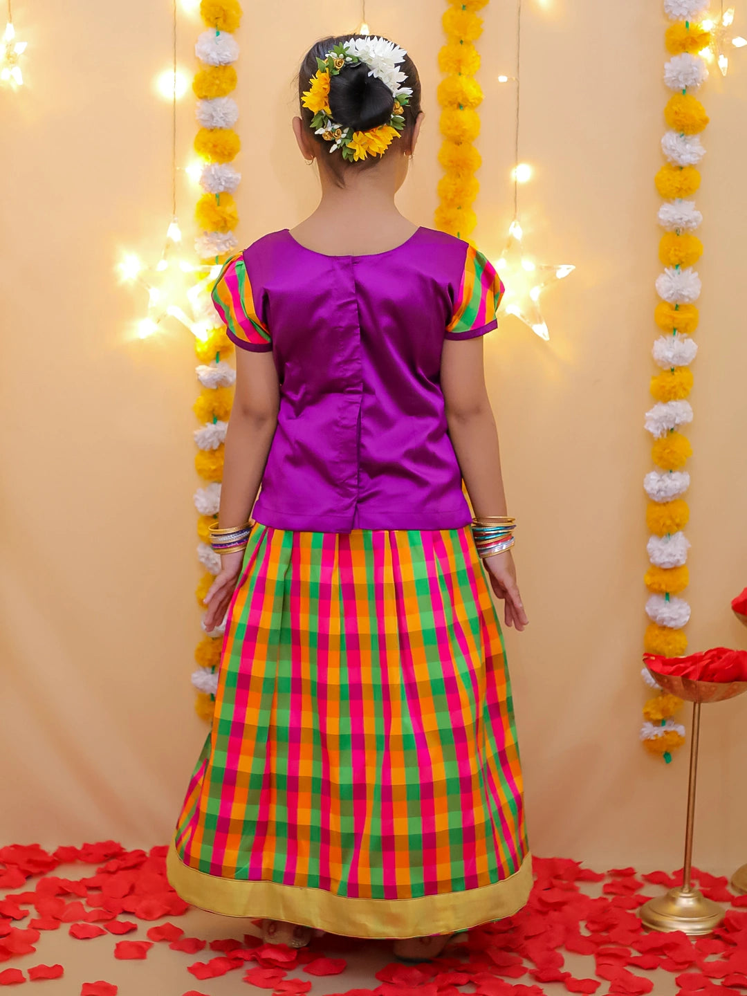 BownBee Half Sleeve South Indian Pavda Pattu Lehenga For Girls