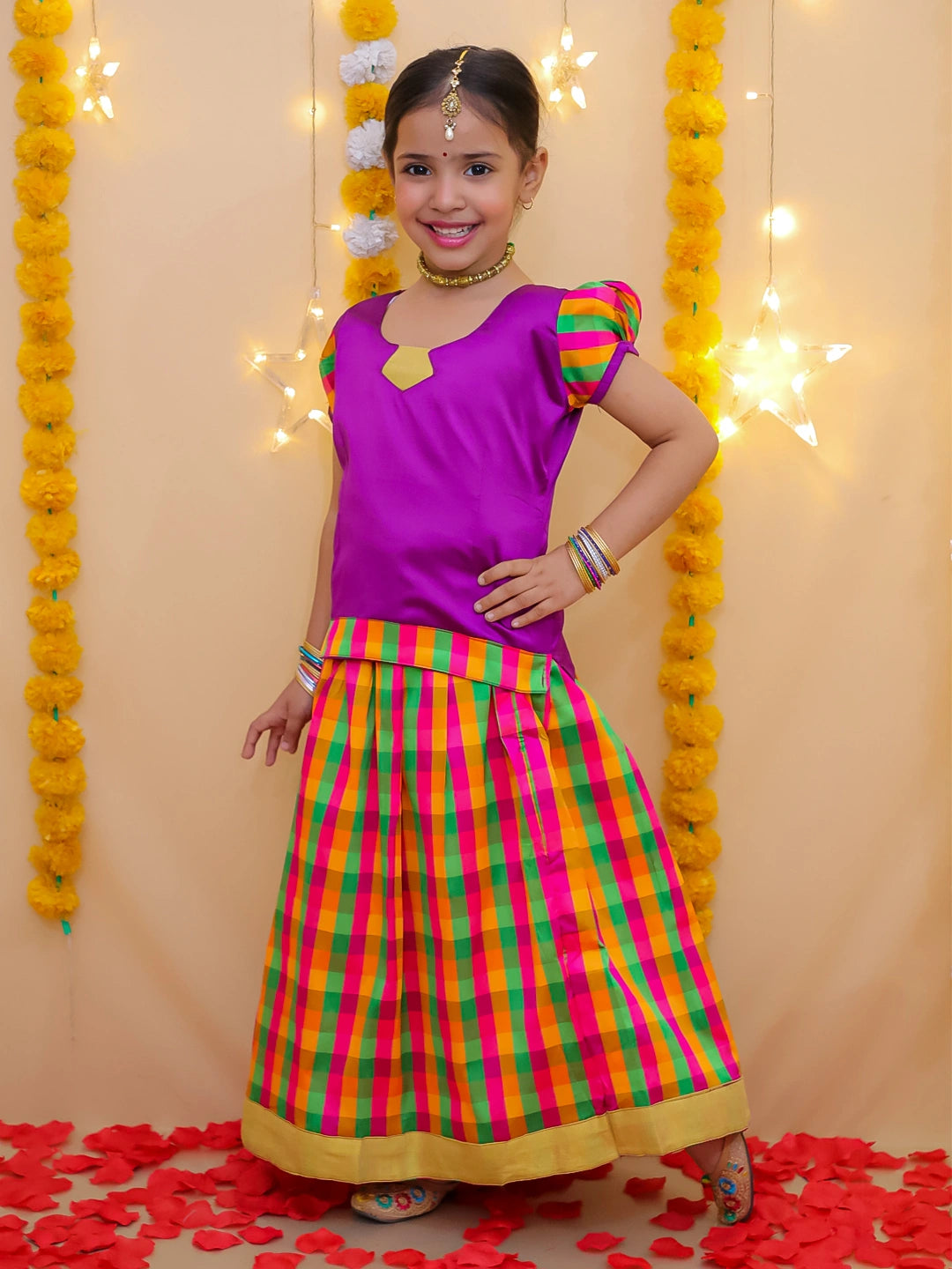BownBee Half Sleeve South Indian Pavda Pattu Lehenga For Girls