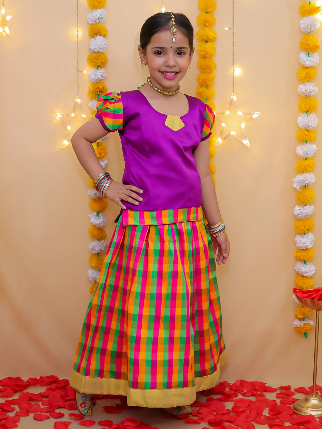 BownBee Half Sleeve South Indian Pavda Pattu Lehenga For Girls
