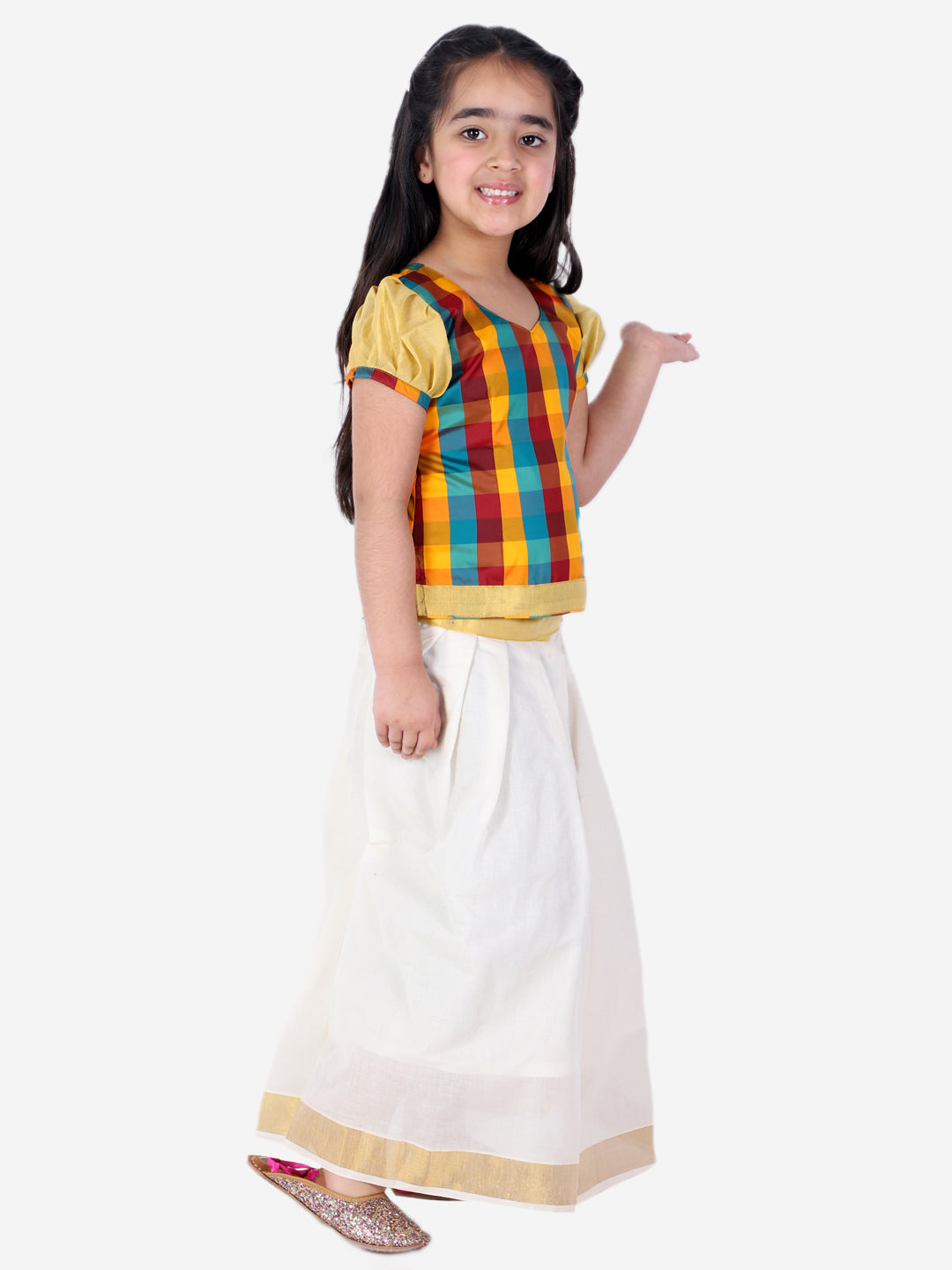 BownBee South Indian Ethnic Pavda Pattu Lehenga With Short Sleeves Choli - Multi