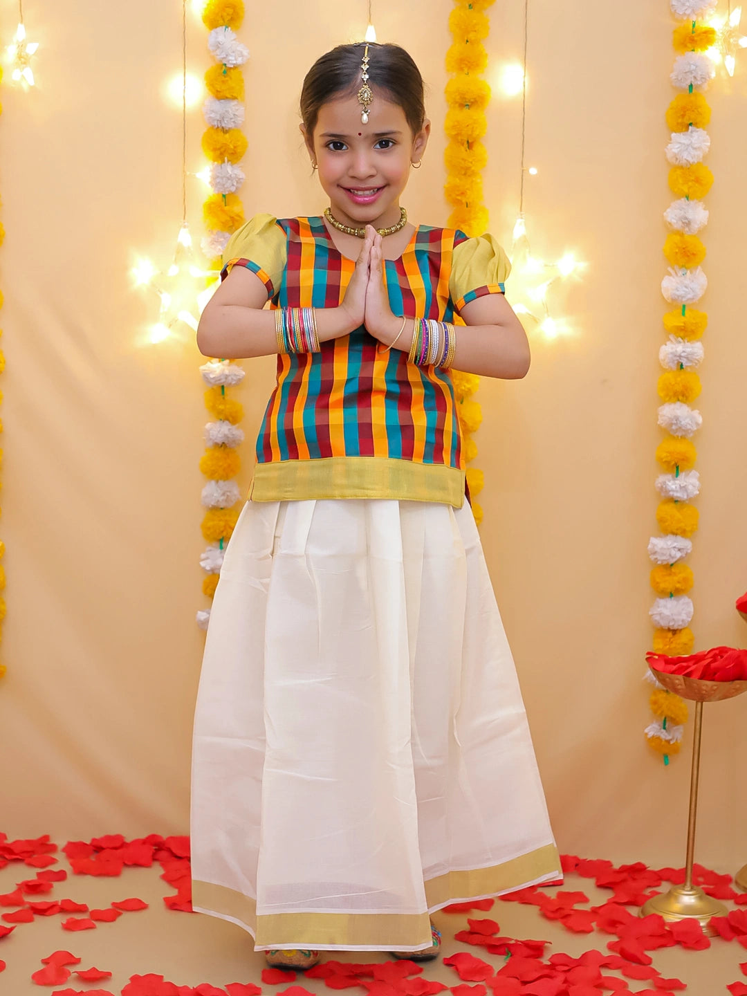 BownBee Half Sleeve South Indian Pavda Pattu Lehenga For Girls