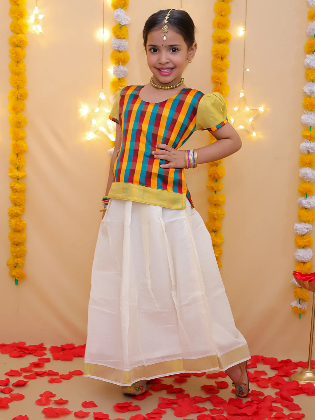BownBee Half Sleeve South Indian Pavda Pattu Lehenga For Girls