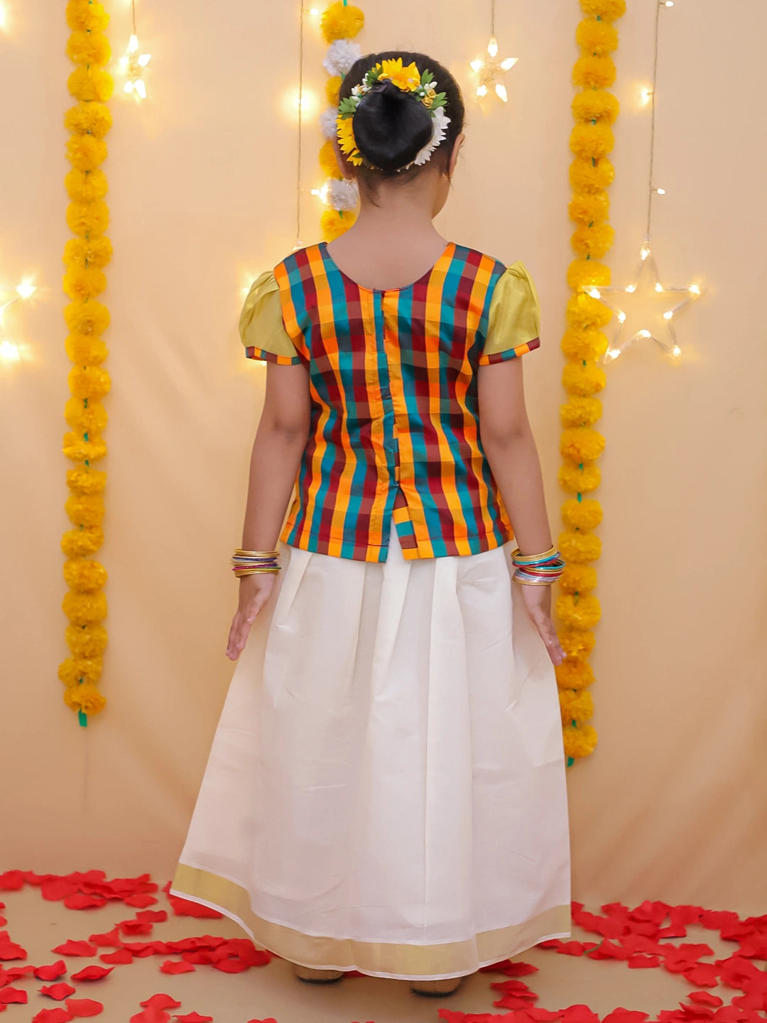 BownBee Half Sleeve South Indian Pavda Pattu Lehenga For Girls