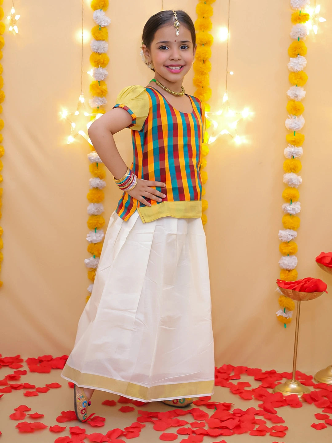 BownBee Half Sleeve South Indian Pavda Pattu Lehenga For Girls