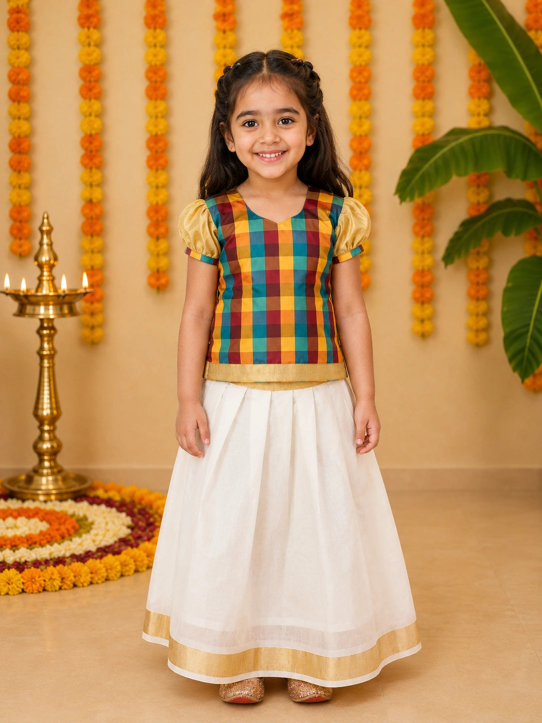 BownBee Half Sleeve South Indian Pavda Pattu Lehenga For Girls