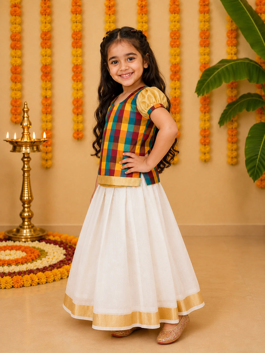 BownBee Half Sleeve South Indian Pavda Pattu Lehenga For Girls