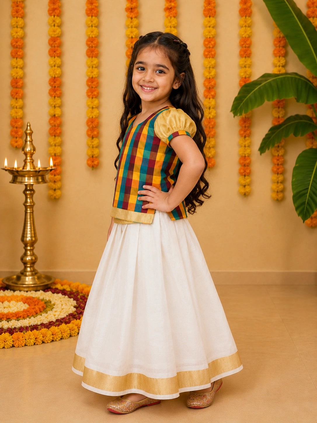 BownBee Half Sleeve South Indian Pavda Pattu Lehenga For Girls