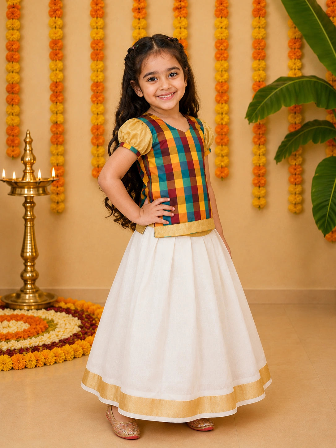 BownBee Half Sleeve South Indian Pavda Pattu Lehenga For Girls