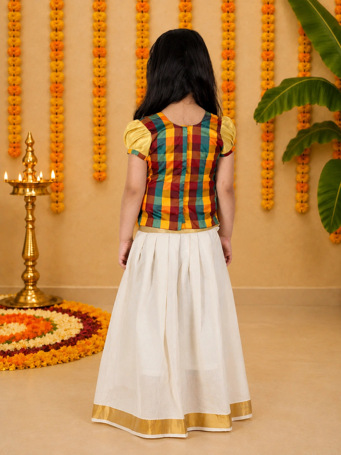 BownBee Half Sleeve South Indian Pavda Pattu Lehenga For Girls