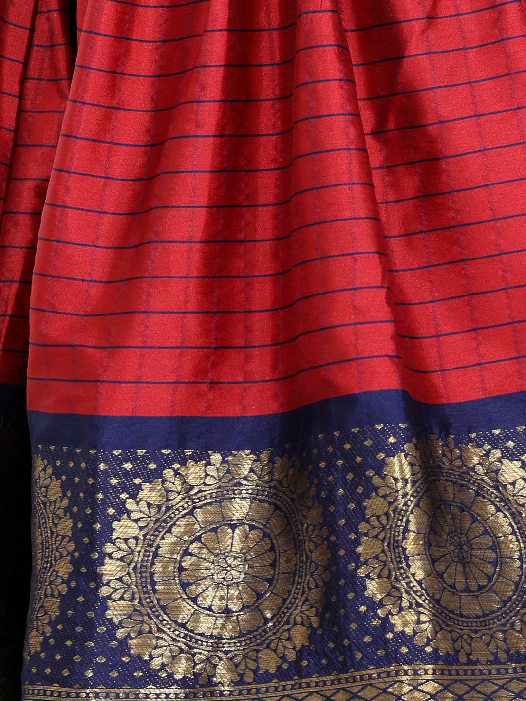 BownBee Half Sleeves South Indian Pavda Pattu Checks Heavy Hem Detailing Choli & Lehenga Set - Red