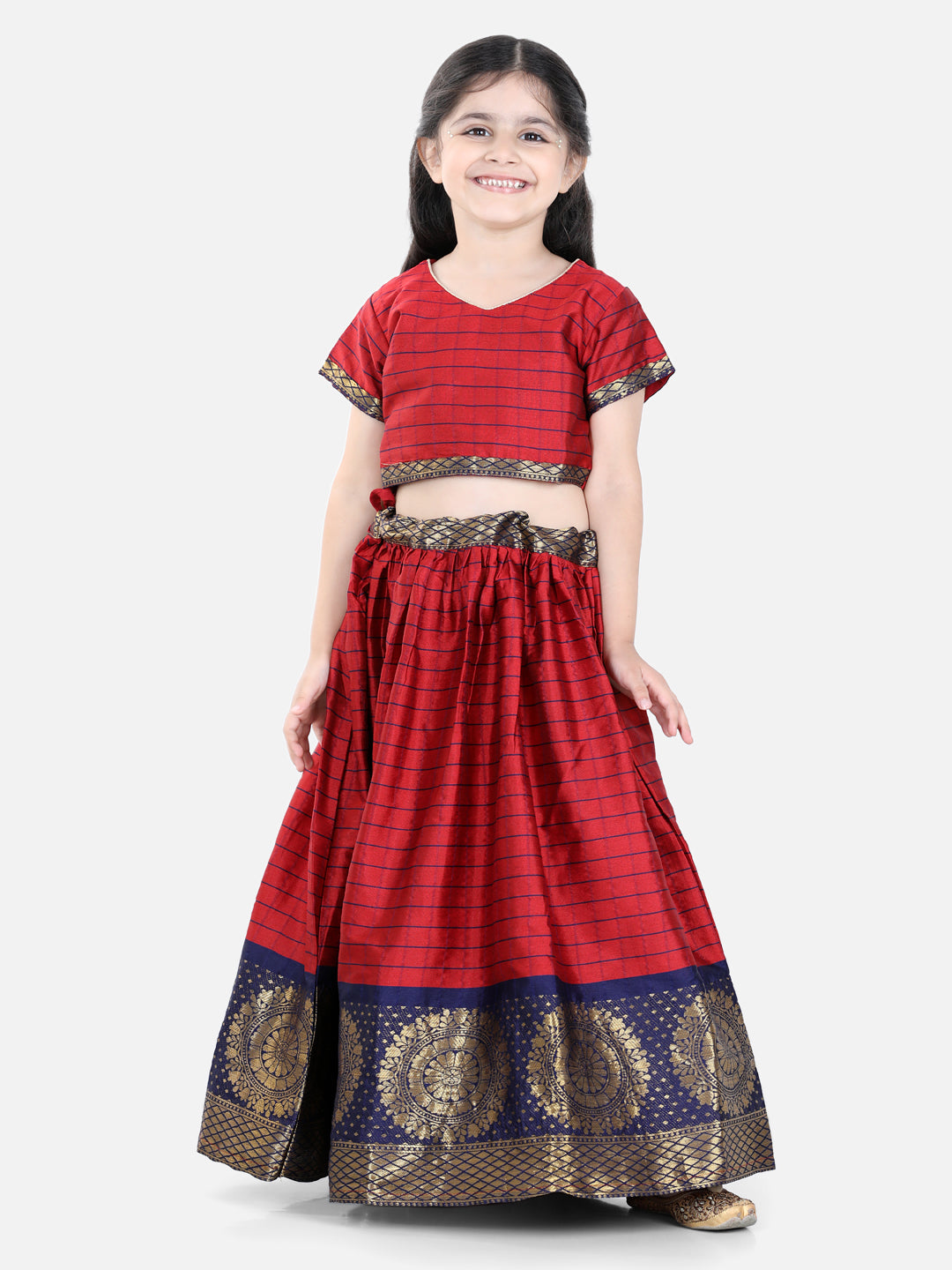 BownBee Half Sleeves South Indian Pavda Pattu Checks Heavy Hem Detailing Choli & Lehenga Set - Red