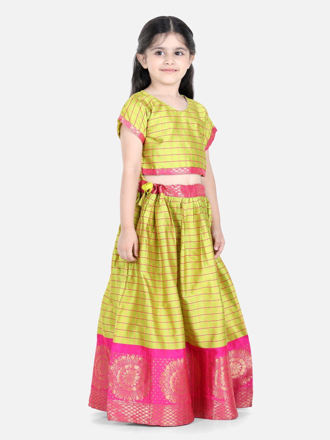 BownBee Sibling set Full Sleeve Silk Border Dhoti Kurta and Half Sleeve South Indian Pavda Pattu Lehenga- Light Green
