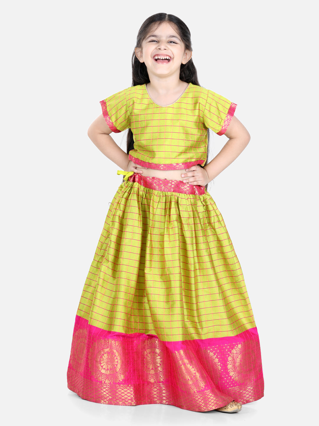 BownBee Sibling set Full Sleeve Silk Border Dhoti Kurta and Half Sleeve South Indian Pavda Pattu Lehenga- Light Green