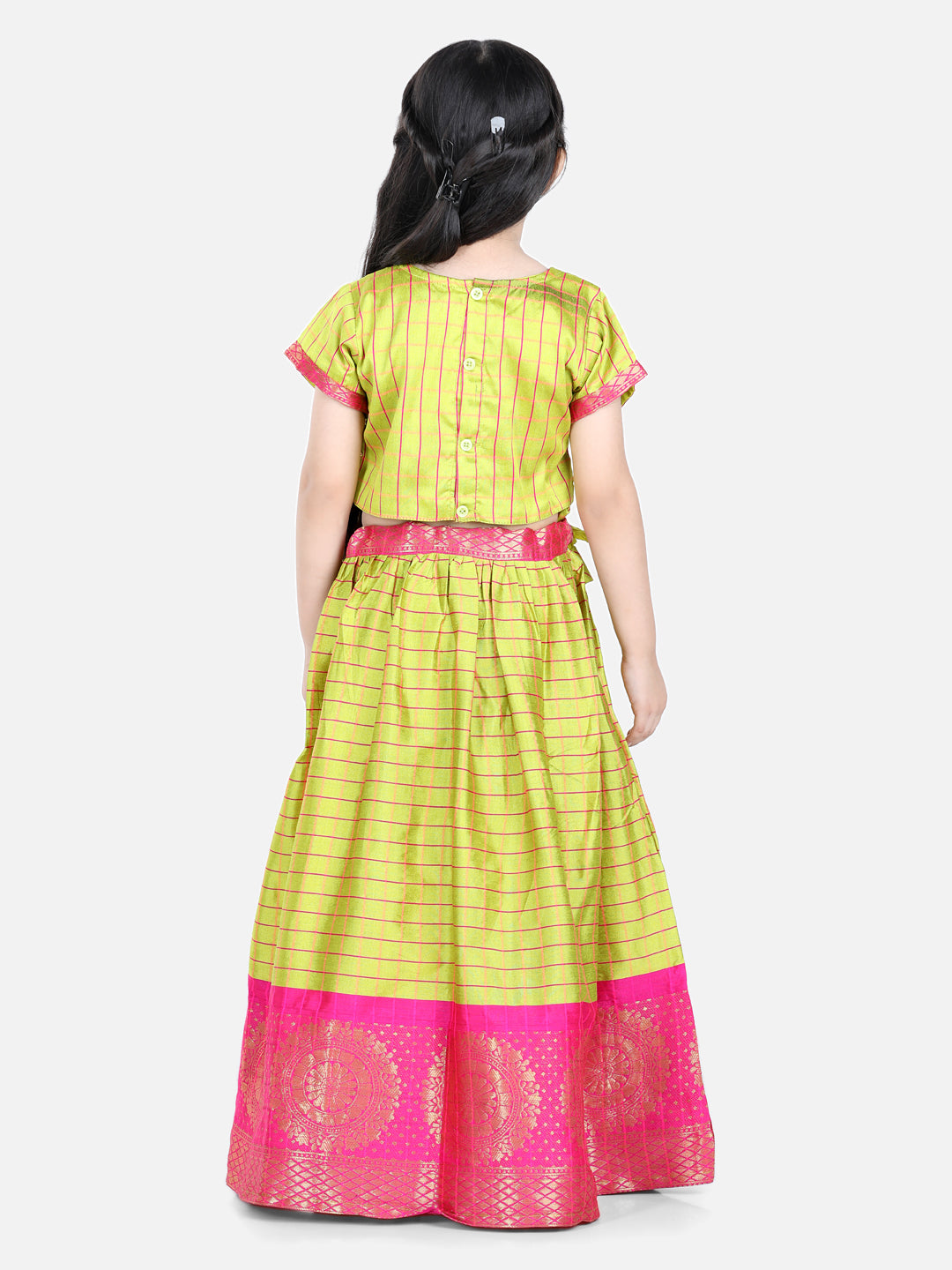 BownBee Sibling set Full Sleeve Silk Border Dhoti Kurta and Half Sleeve South Indian Pavda Pattu Lehenga- Light Green