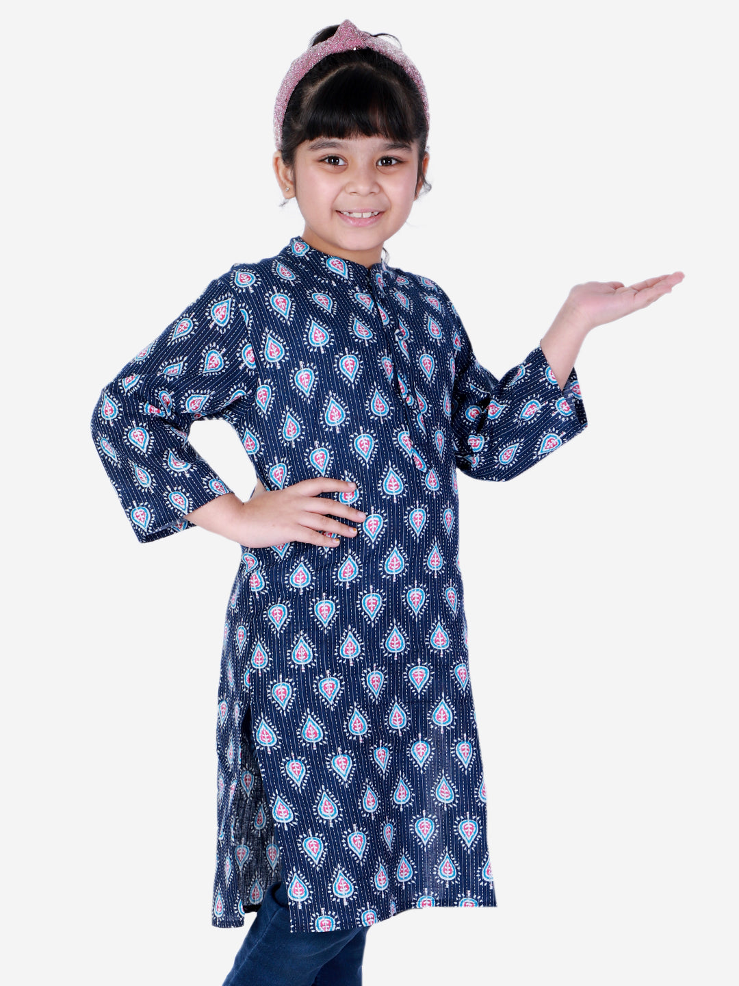 BownBee Block Print Cotton Kurta for Girls- Blue